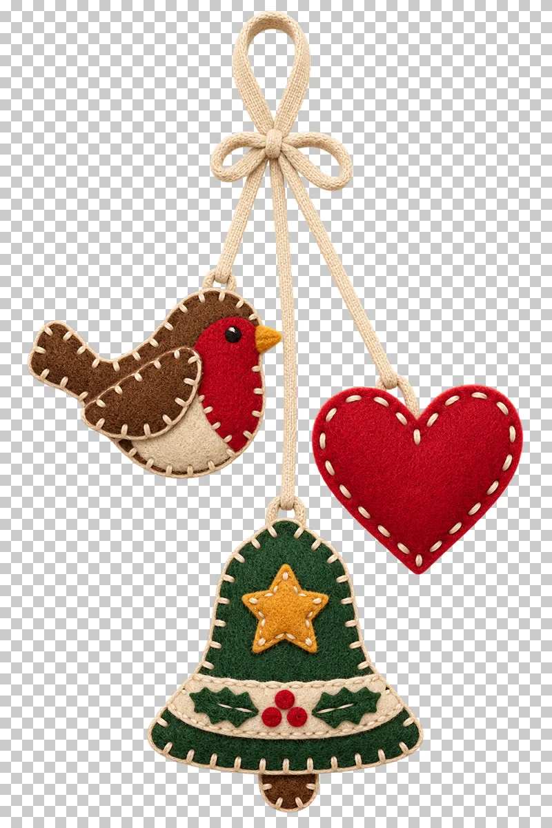 Felt robin-heart-bell hanging trio in a shallow stitched felt illustration style on a transparent background.
