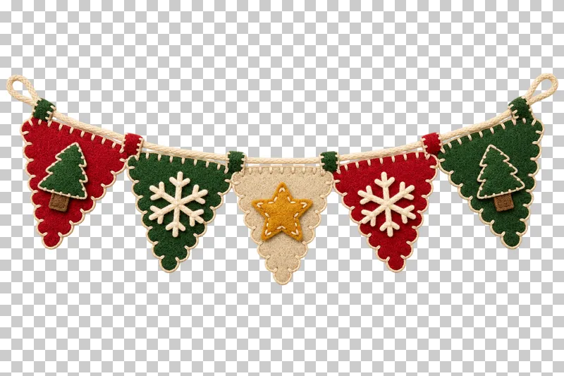 Applique felt pennant bunting in a shallow stitched felt illustration style on a transparent background.