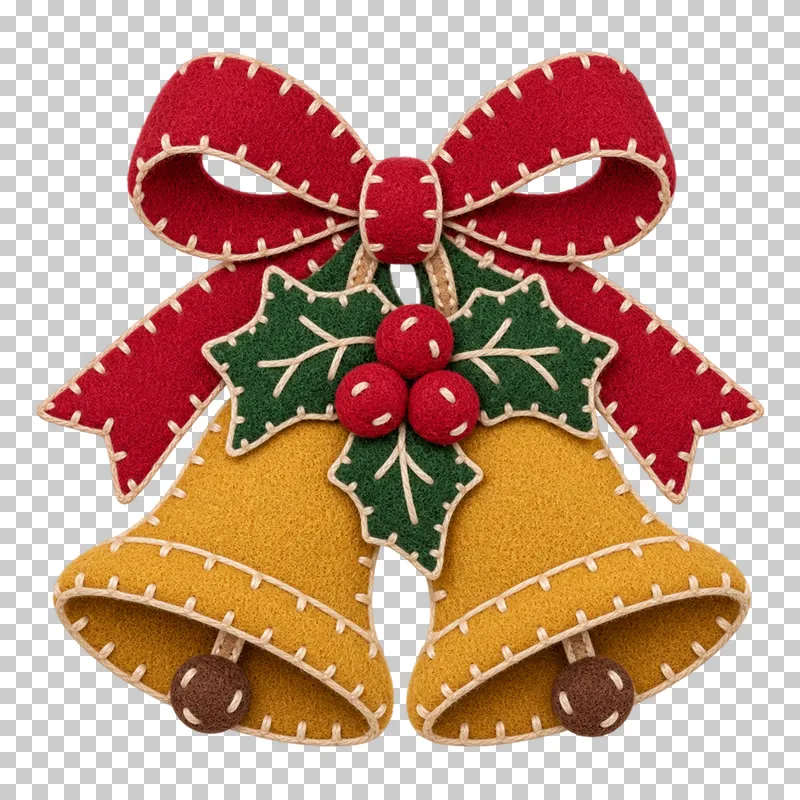 Tied felt bells-and-holly cluster in a shallow stitched felt illustration style on a transparent background.