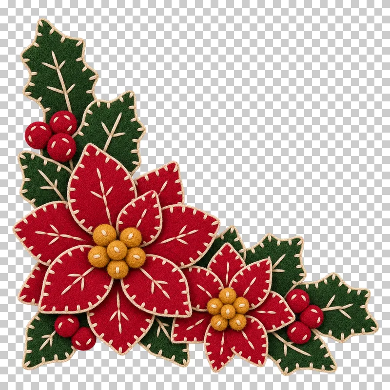 Felt poinsettia corner spray in a shallow stitched felt illustration style on a transparent background.