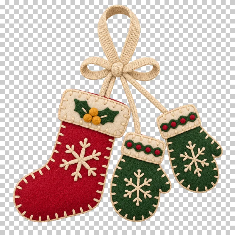 Felt stocking-and-mittens grouping in a shallow stitched felt illustration style on a transparent background.