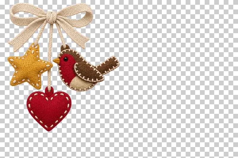 Upper-left felt ornament corner in a shallow stitched felt illustration style on a transparent background.