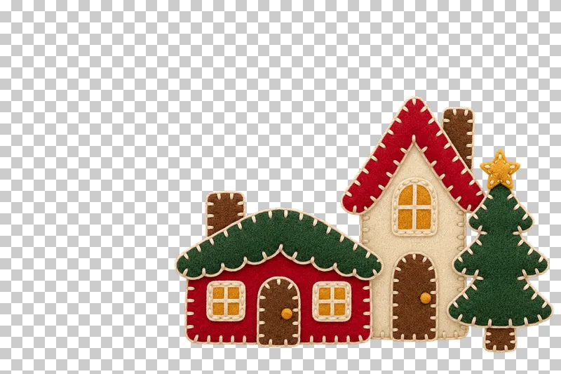 Lower-right felt village corner in a shallow stitched felt illustration style on a transparent background.