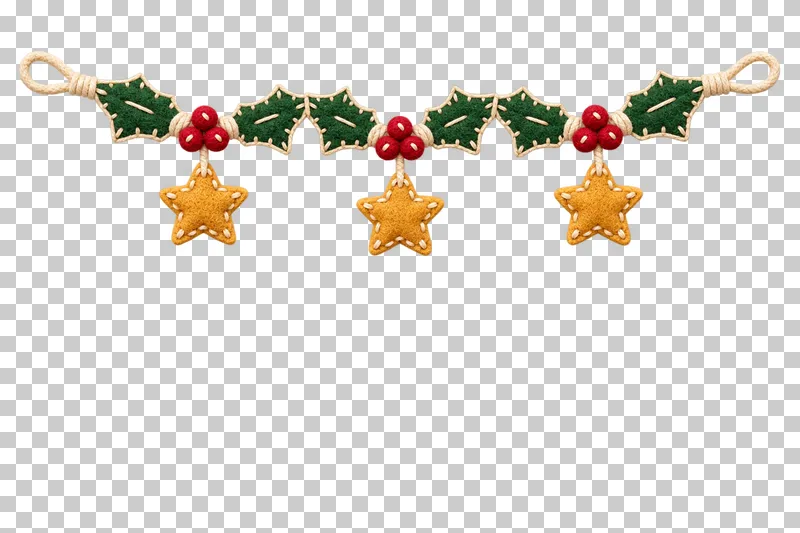 Felt holly-and-stars header swag in a shallow stitched felt illustration style on a transparent background.