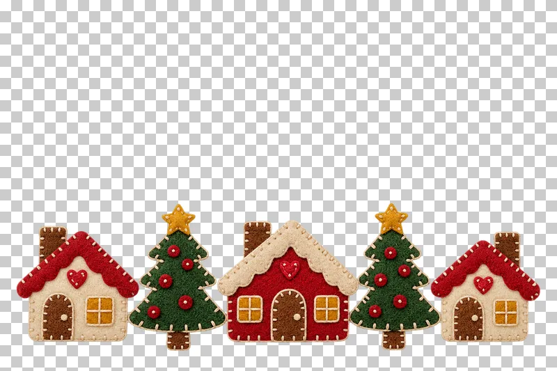 Low felt winter-village border in a shallow stitched felt illustration style on a transparent background.