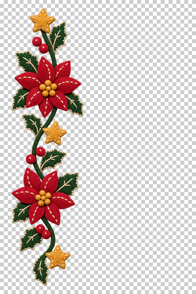 Felt poinsettia-and-star side cascade in a shallow stitched felt illustration style on a transparent background.