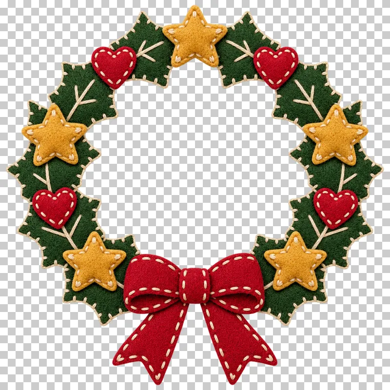 Open felt stars-and-holly wreath in a shallow stitched felt illustration style on a transparent background.