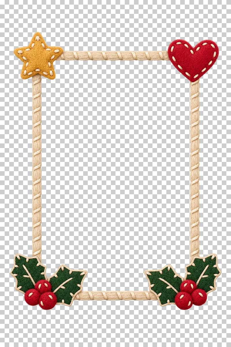 Portrait felt ornament photo frame in a shallow stitched felt illustration style on a transparent background.