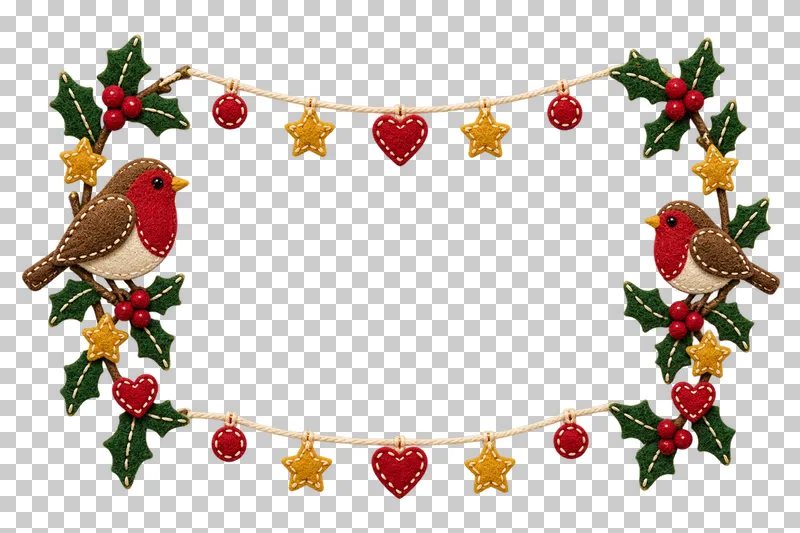 Wide felt robin-and-ornaments frame in a shallow stitched felt illustration style on a transparent background.