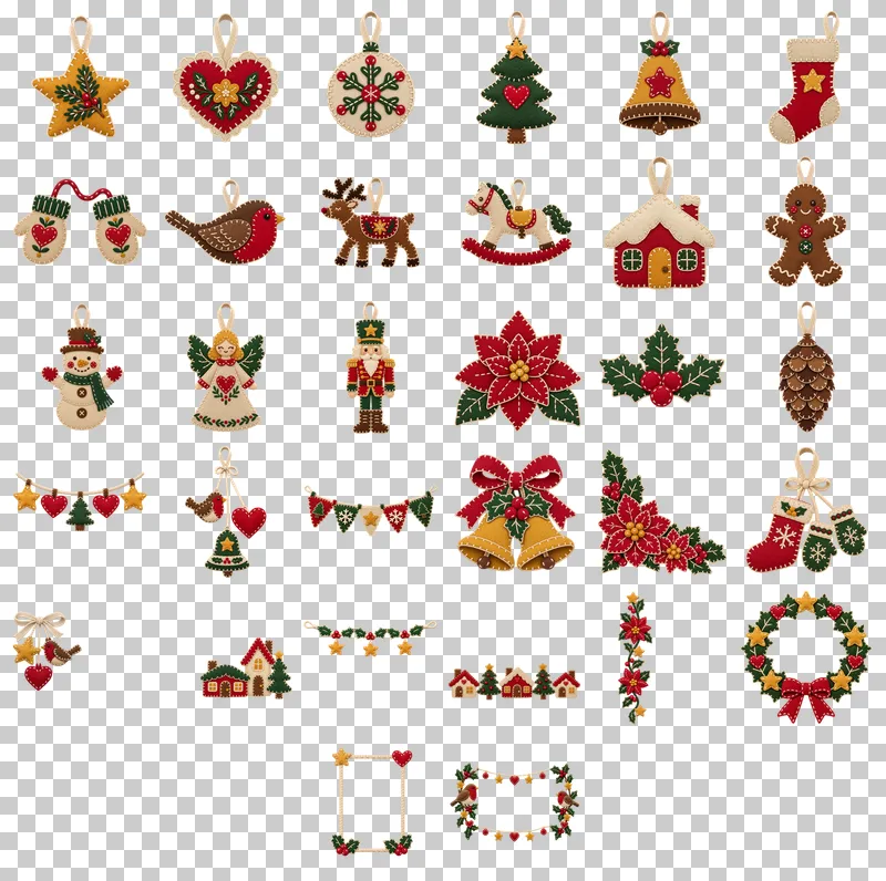 Felt Christmas Ornaments and Garlands PNG Collection: all 32 elements in one grid