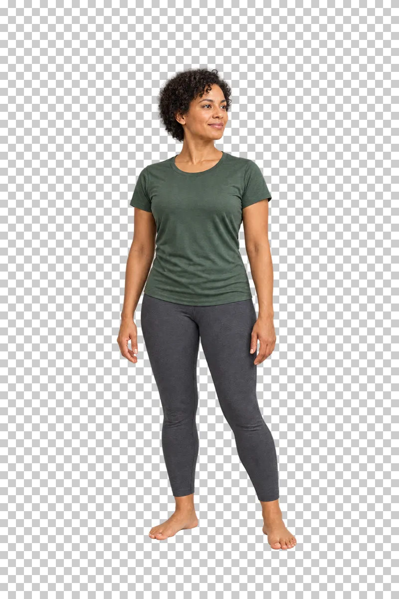 A fictional adult in mountain pose, shown full body in natural photographic style.