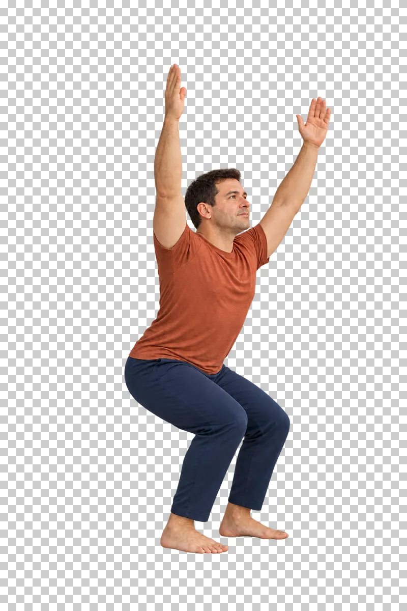A fictional adult in chair pose, shown full body in natural photographic style.