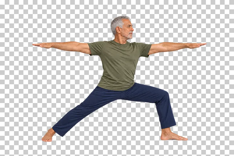 A fictional adult in warrior ii, shown full body in natural photographic style.