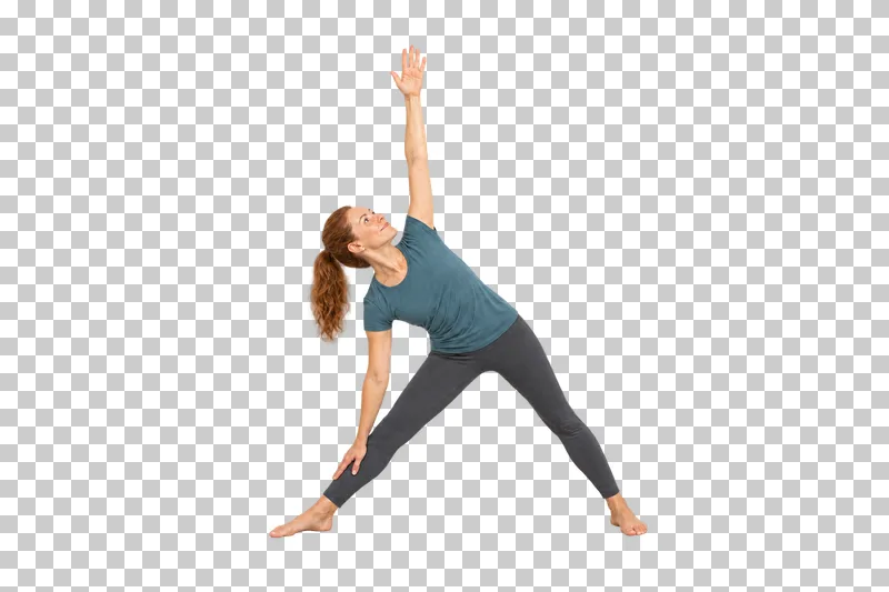 A fictional adult in triangle pose, shown full body in natural photographic style.