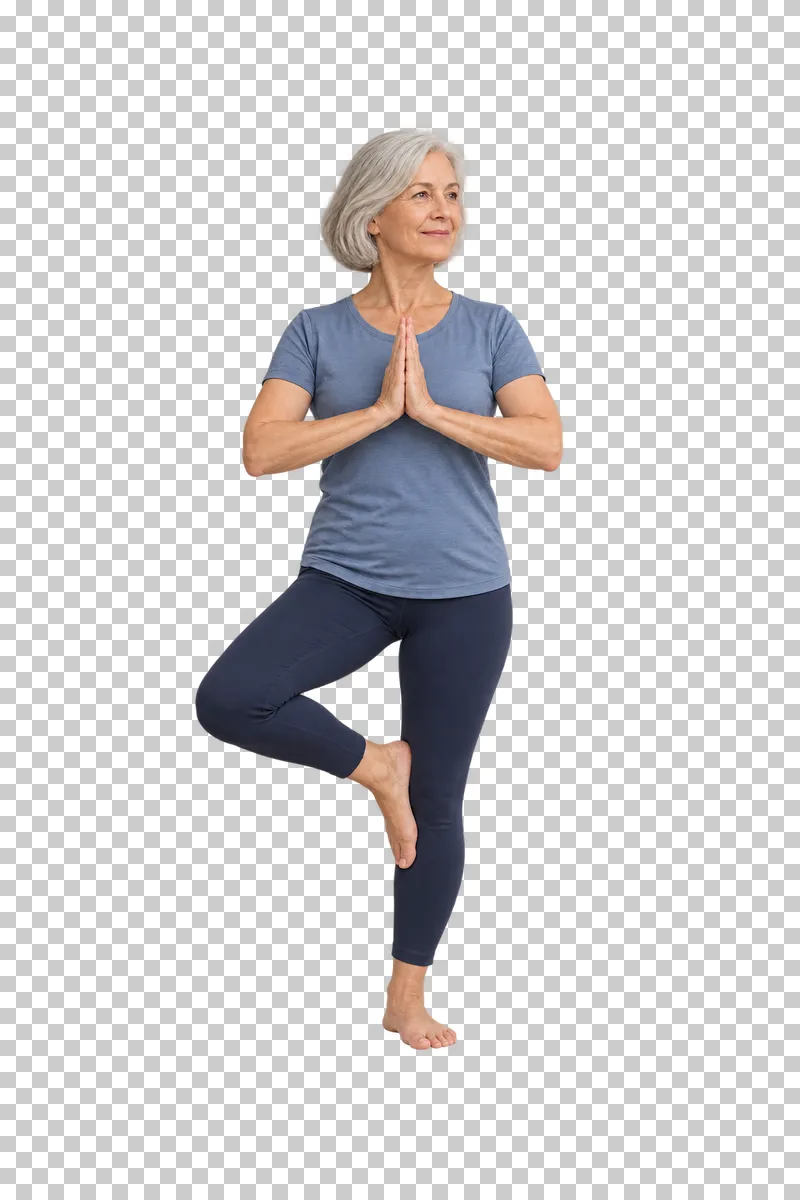 A fictional adult in tree pose, shown full body in natural photographic style.
