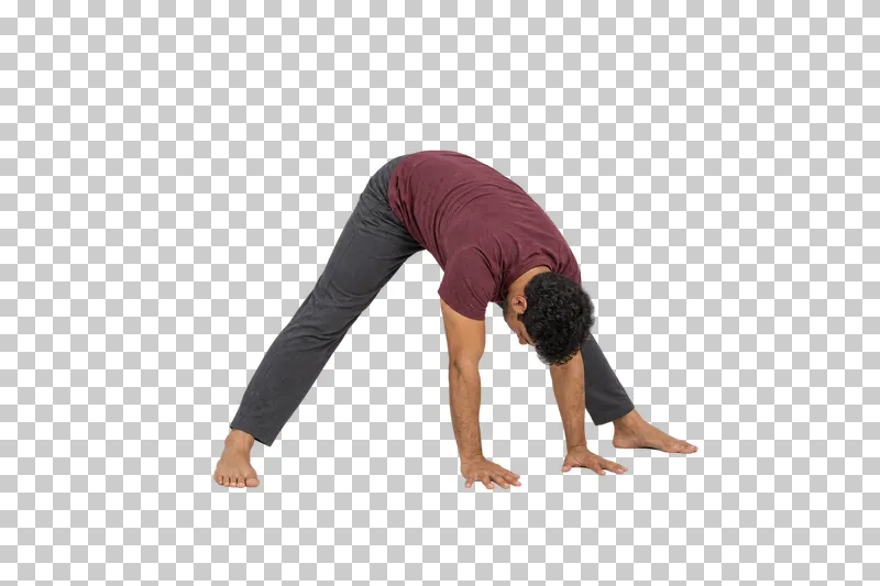 A fictional adult in wide-legged forward fold, shown full body in natural photographic style.