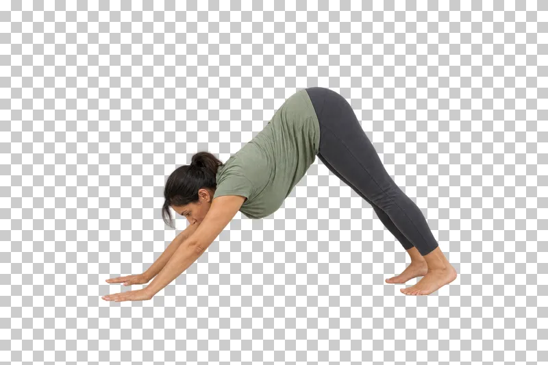 A fictional adult in downward-facing dog, shown full body in natural photographic style.