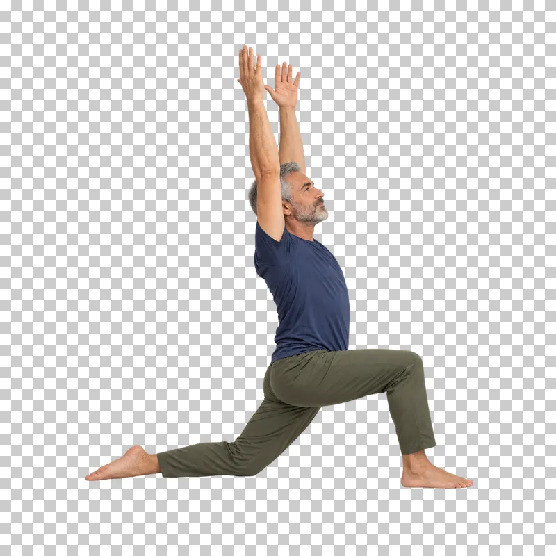 A fictional adult in low lunge, shown full body in natural photographic style.