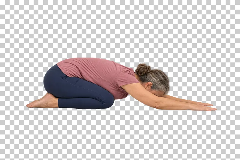 A fictional adult in child's pose, shown full body in natural photographic style.