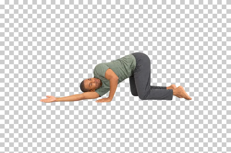 A fictional adult in thread the needle, shown full body in natural photographic style.
