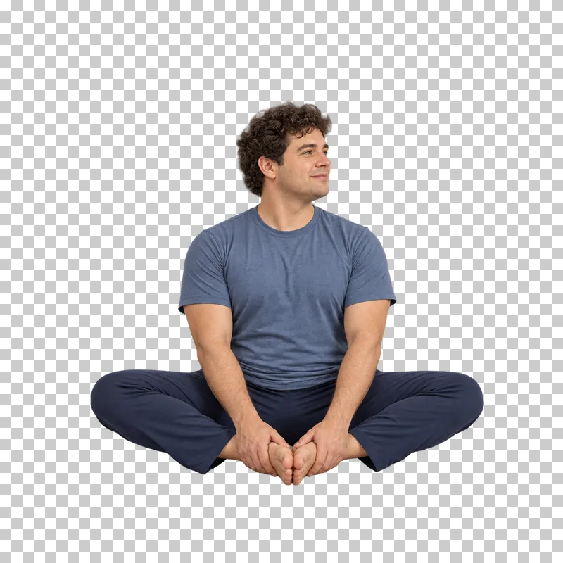 A fictional adult in butterfly pose, shown full body in natural photographic style.