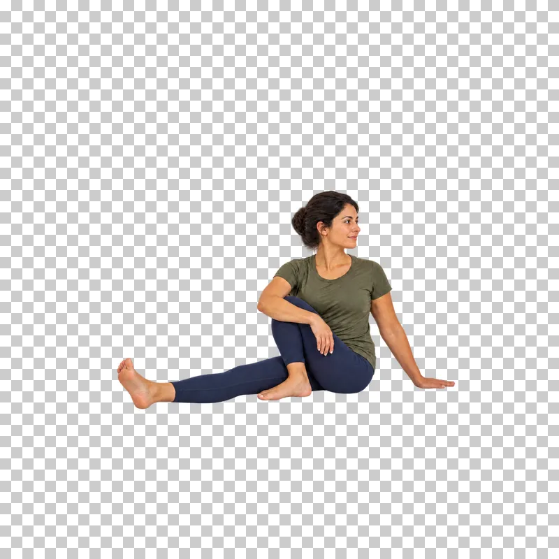 A fictional adult in seated spinal twist, shown full body in natural photographic style.