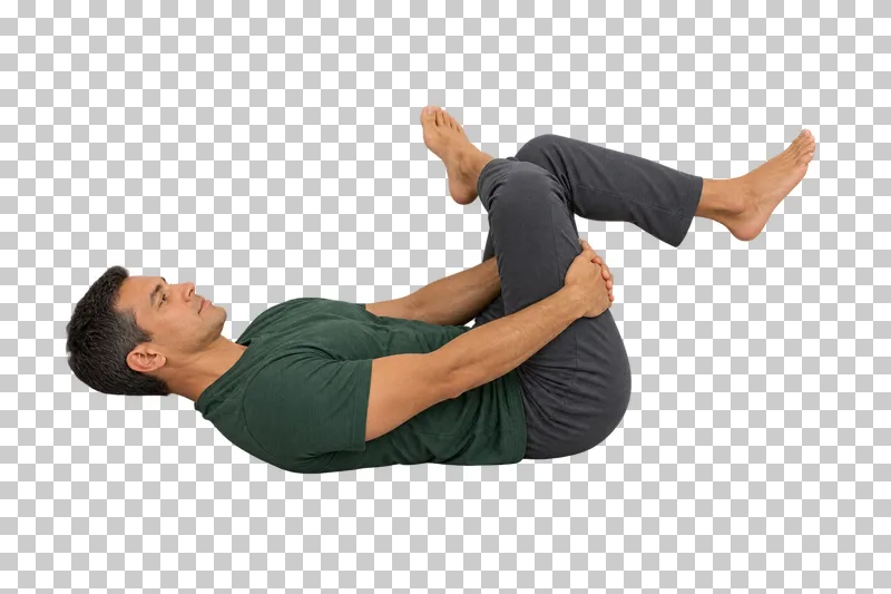 A fictional adult in reclined figure-four stretch, shown full body in natural photographic style.