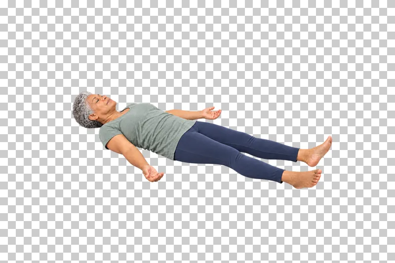 A fictional adult in savasana rest, shown full body in natural photographic style.