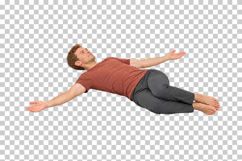 A fictional adult in supine spinal twist, shown full body in natural photographic style.