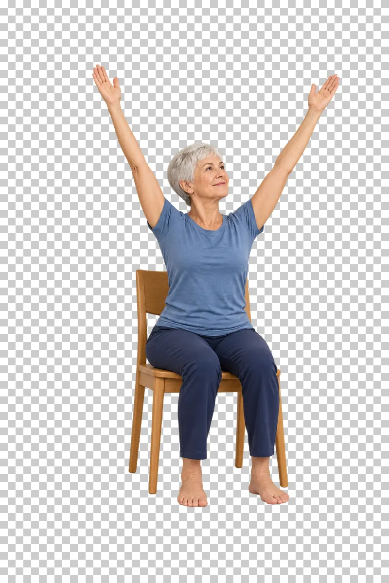 A fictional adult in seated overhead reach, shown full body in natural photographic style.