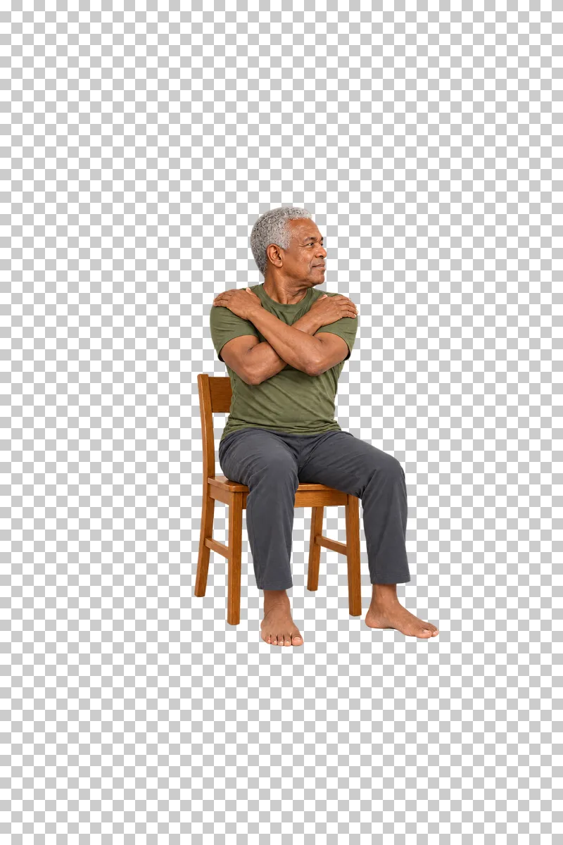 A fictional adult in seated torso twist, shown full body in natural photographic style.