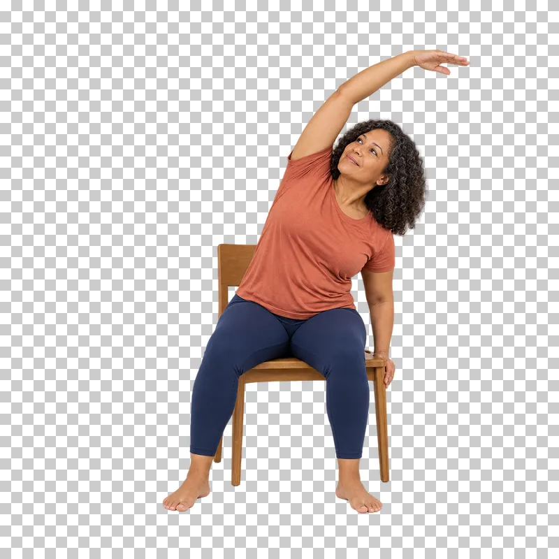 A fictional adult in seated side bend, shown full body in natural photographic style.