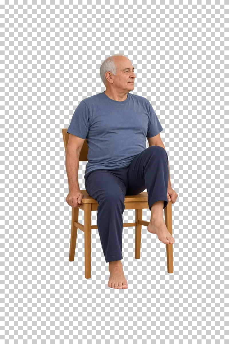 A fictional adult in seated hip march, shown full body in natural photographic style.