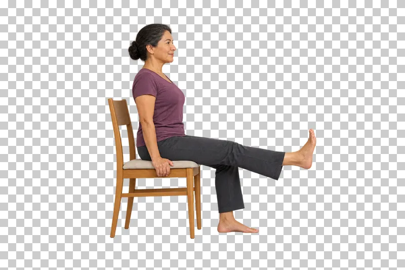 A fictional adult in seated knee extension, shown full body in natural photographic style.