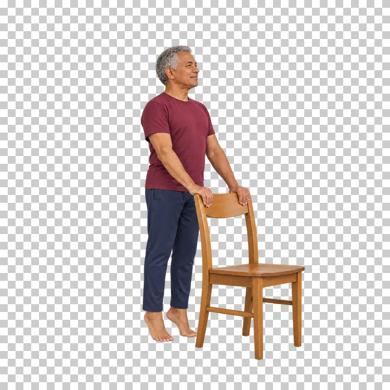 A fictional adult in chair-supported heel raise, shown full body in natural photographic style.
