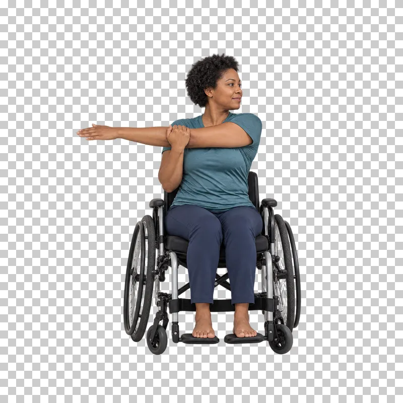 A fictional adult in wheelchair seated shoulder stretch, shown full body in natural photographic style.