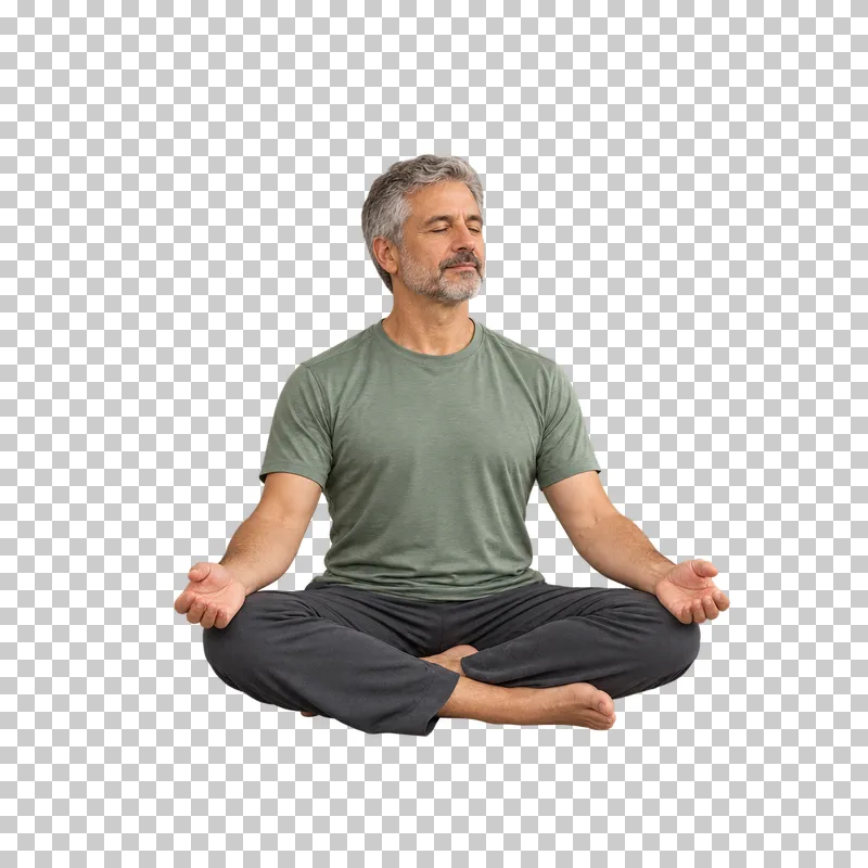 A fictional adult in easy seated meditation, shown full body in natural photographic style.