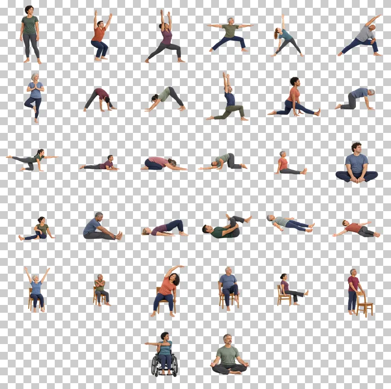 Yoga and Mobility People Photo PNG Collection: all 32 elements in one grid