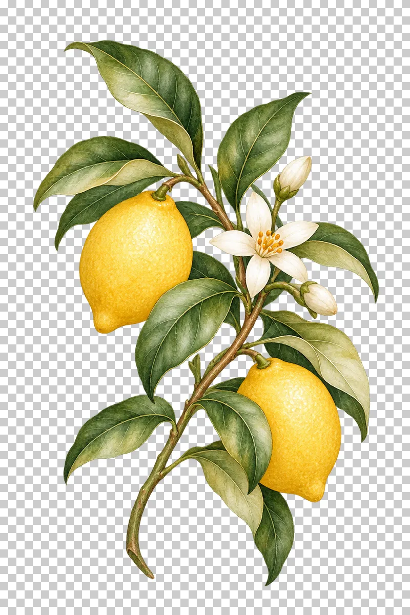 Watercolor lemon branch with two attached yellow lemons, broad green leaves, a white citrus blossom and buds.