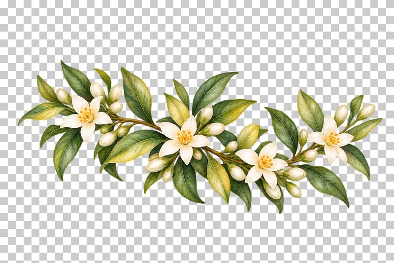 Airy watercolor citrus blossom spray with five-petal white flowers, buds and pointed green leaves.