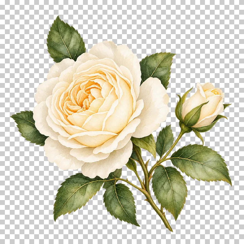 Ivory watercolor garden rose and side bud on a short stem with serrated compound leaves.