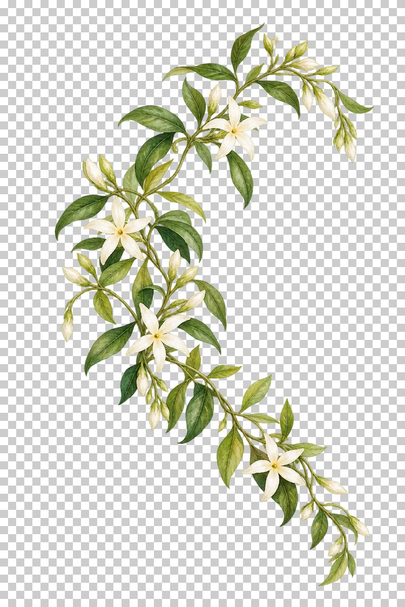 Trailing watercolor jasmine vine with narrow white star flowers, fine connected stems and green foliage.