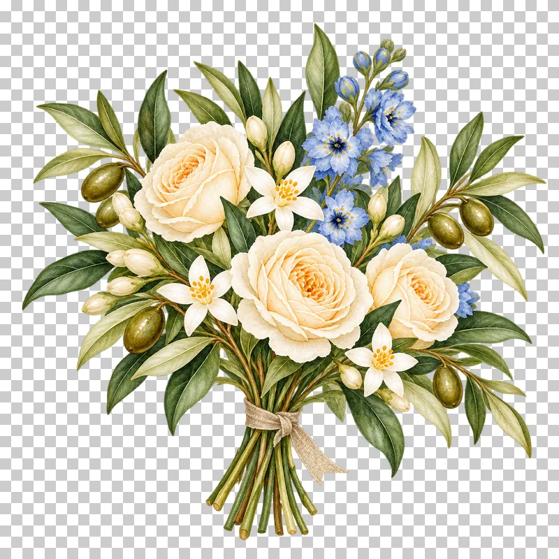Compact watercolor posy of ivory roses, citrus blossoms, olive foliage and blue flowers bound with a short linen tie.
