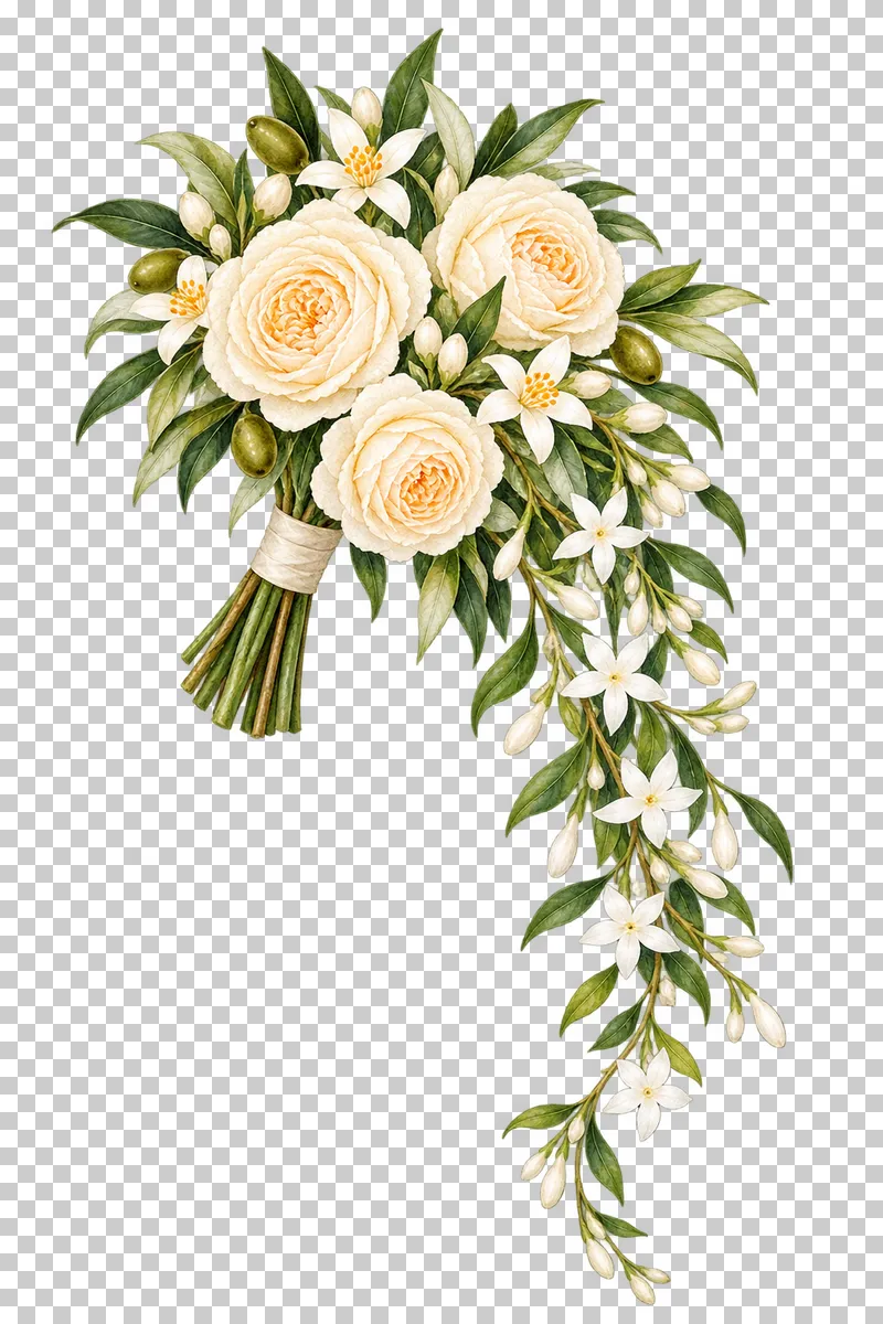 Cascading watercolor bridal bouquet of ivory roses, white blossoms and trailing olive and jasmine foliage.