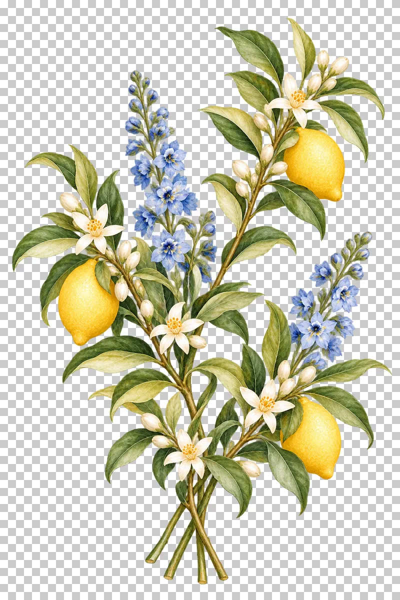 Airy watercolor floral fan of lemon branches, white citrus blossoms and blue delphinium with visible cut stems.