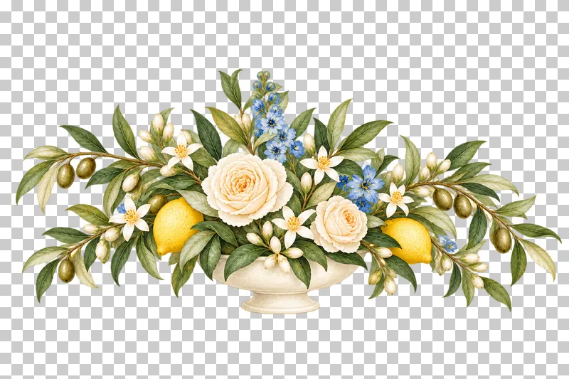 Low watercolor lemon and ivory rose centerpiece with olive foliage and blue flowers in an ivory ceramic compote.