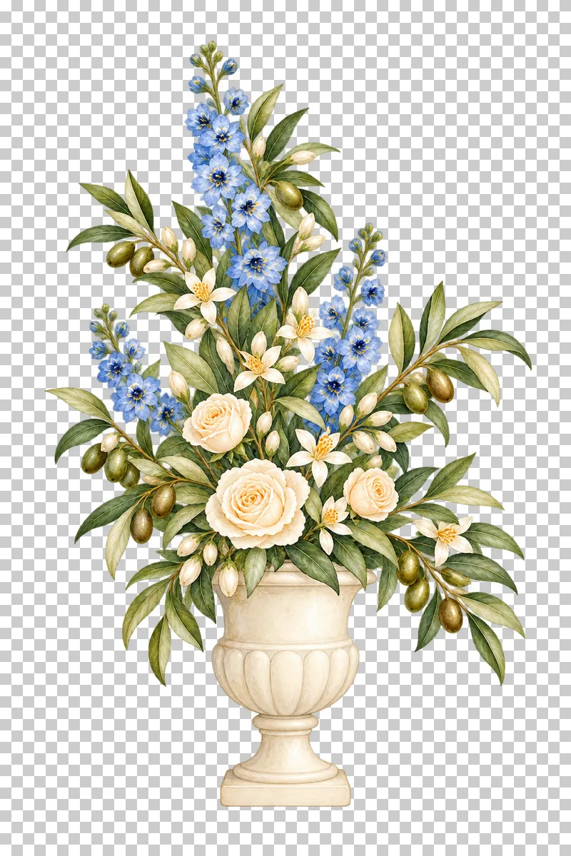Tall watercolor olive, white blossom and blue delphinium arrangement in an ivory ceramic urn.