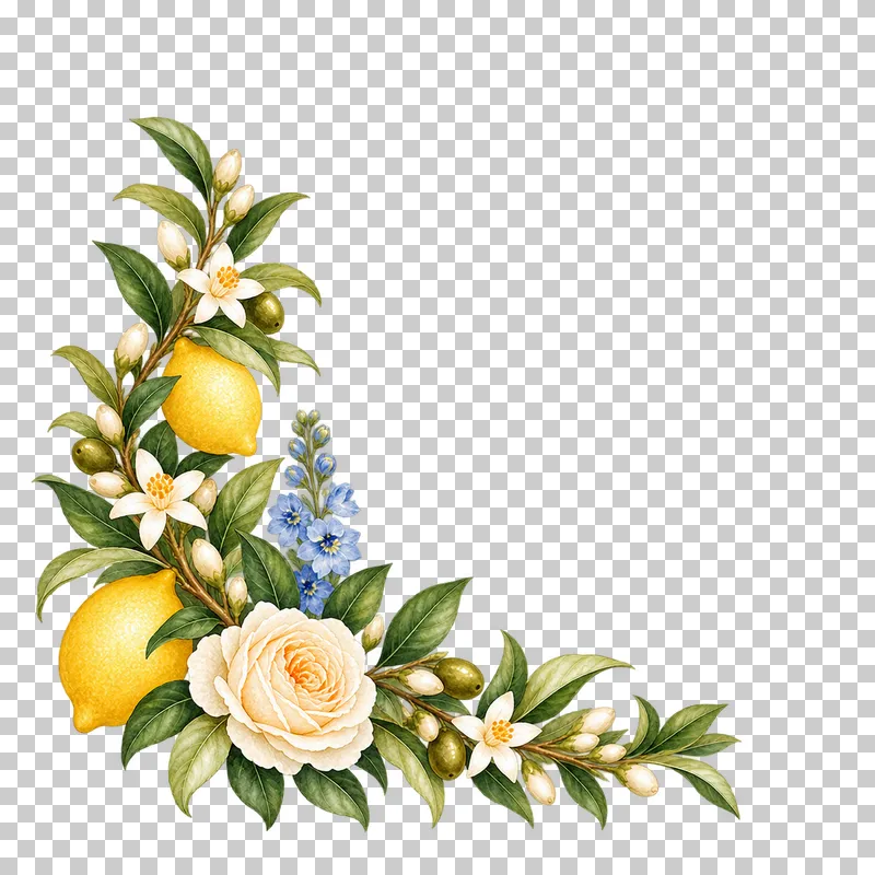 Compact lower-left watercolor corner of yellow lemons, ivory roses, white blossoms and green foliage.