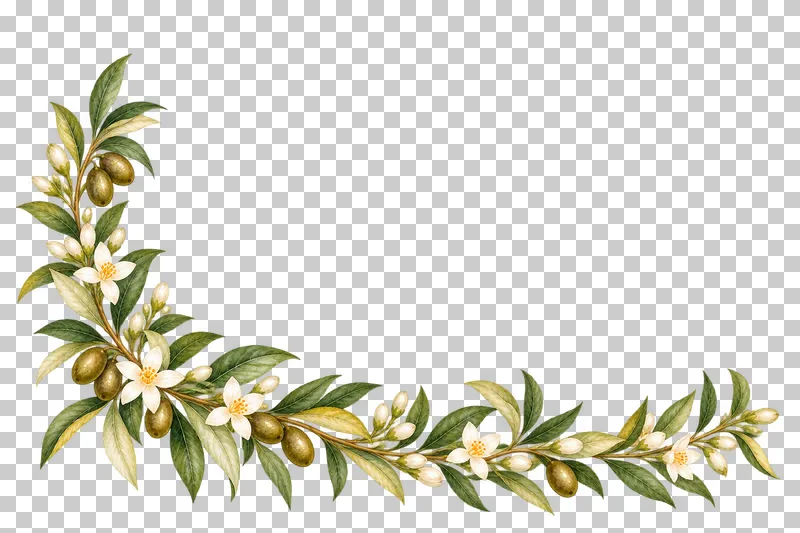 Airy watercolor corner of unequal olive branches with small white citrus blossoms.