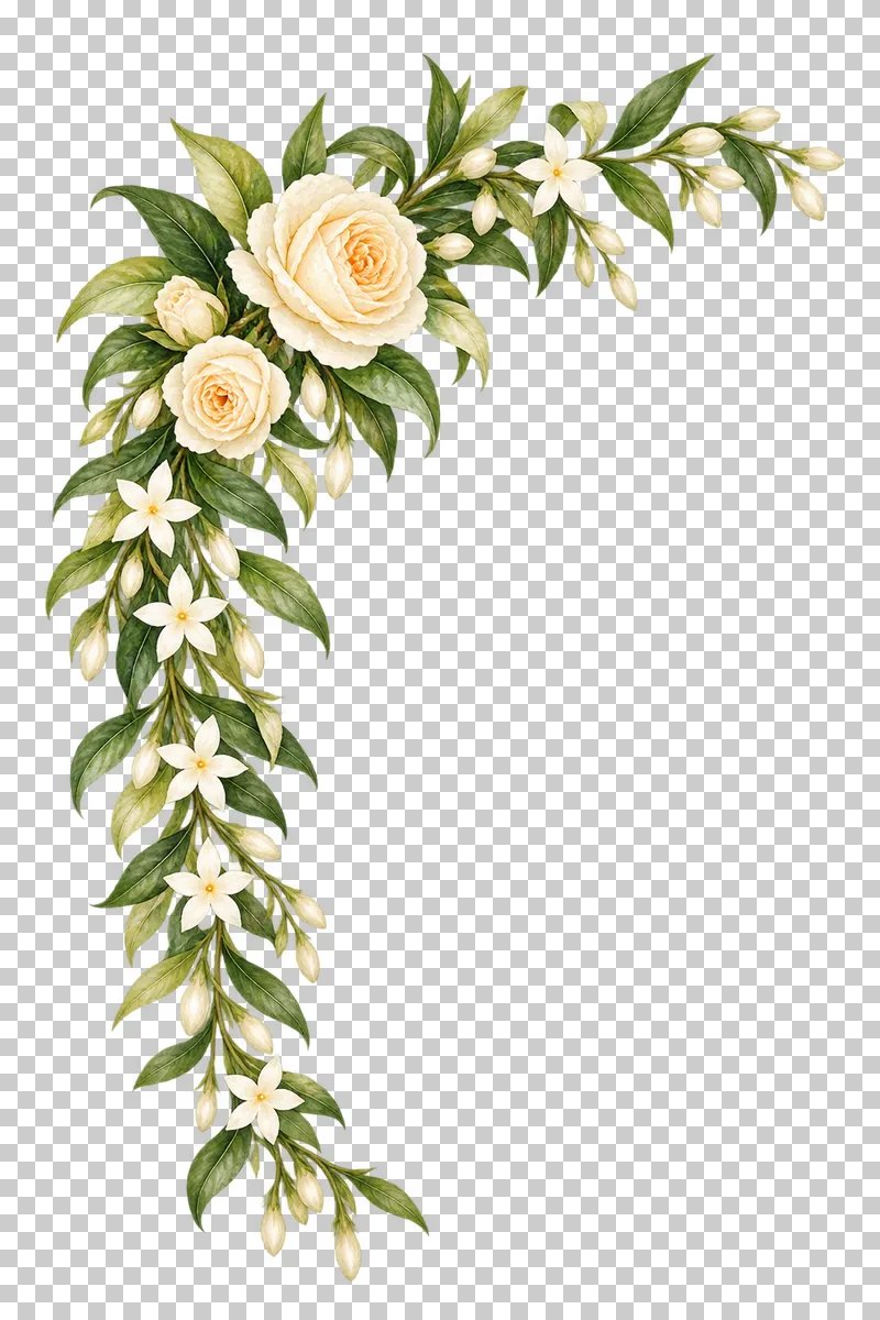 Upper-left watercolor ivory floral corner with a long fine jasmine cascade and olive foliage.
